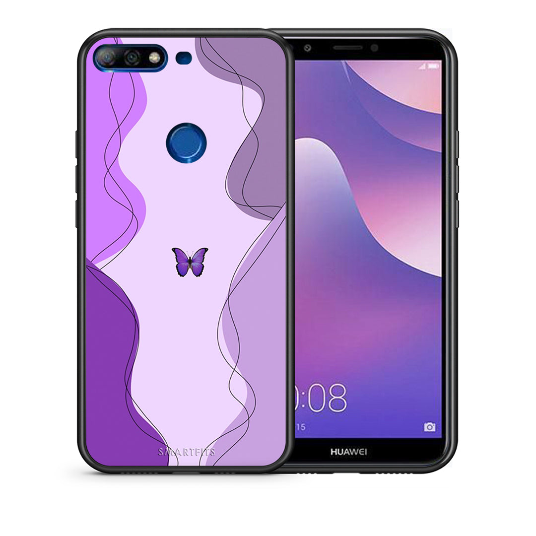 Θήκη Αγίου Βαλεντίνου Huawei Y7 2018 Purple Mariposa από τη Smartfits με σχέδιο στο πίσω μέρος και μαύρο περίβλημα | Huawei Y7 2018 Purple Mariposa case with colorful back and black bezels