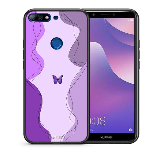 Θήκη Αγίου Βαλεντίνου Huawei Y7 2018 Purple Mariposa από τη Smartfits με σχέδιο στο πίσω μέρος και μαύρο περίβλημα | Huawei Y7 2018 Purple Mariposa case with colorful back and black bezels