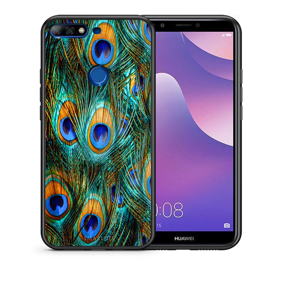 Θήκη Huawei Y7 2018 Real Peacock Feathers από τη Smartfits με σχέδιο στο πίσω μέρος και μαύρο περίβλημα | Huawei Y7 2018 Real Peacock Feathers case with colorful back and black bezels