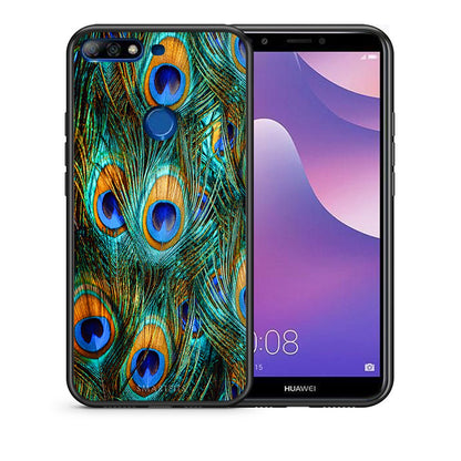 Θήκη Huawei Y7 2018 Real Peacock Feathers από τη Smartfits με σχέδιο στο πίσω μέρος και μαύρο περίβλημα | Huawei Y7 2018 Real Peacock Feathers case with colorful back and black bezels