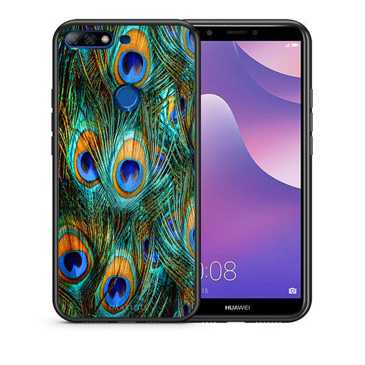 Θήκη Huawei Y7 2018 Real Peacock Feathers από τη Smartfits με σχέδιο στο πίσω μέρος και μαύρο περίβλημα | Huawei Y7 2018 Real Peacock Feathers case with colorful back and black bezels