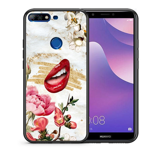 Θήκη Huawei Y7 2018 Red Lips από τη Smartfits με σχέδιο στο πίσω μέρος και μαύρο περίβλημα | Huawei Y7 2018 Red Lips case with colorful back and black bezels