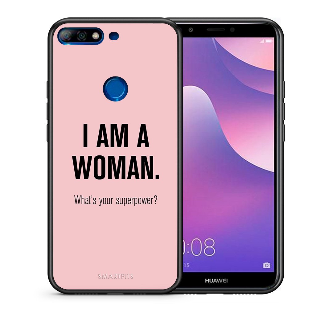 Θήκη Huawei Y7 2018 Superpower Woman από τη Smartfits με σχέδιο στο πίσω μέρος και μαύρο περίβλημα | Huawei Y7 2018 Superpower Woman case with colorful back and black bezels