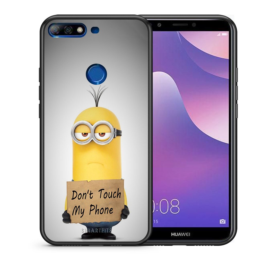 Θήκη Huawei Y7 2018 Minion Text από τη Smartfits με σχέδιο στο πίσω μέρος και μαύρο περίβλημα | Huawei Y7 2018 Minion Text case with colorful back and black bezels