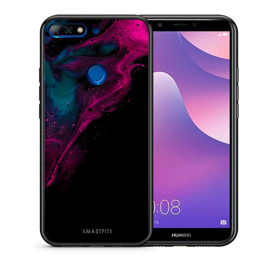Θήκη Huawei Y7 2018 Pink Black Watercolor από τη Smartfits με σχέδιο στο πίσω μέρος και μαύρο περίβλημα | Huawei Y7 2018 Pink Black Watercolor case with colorful back and black bezels