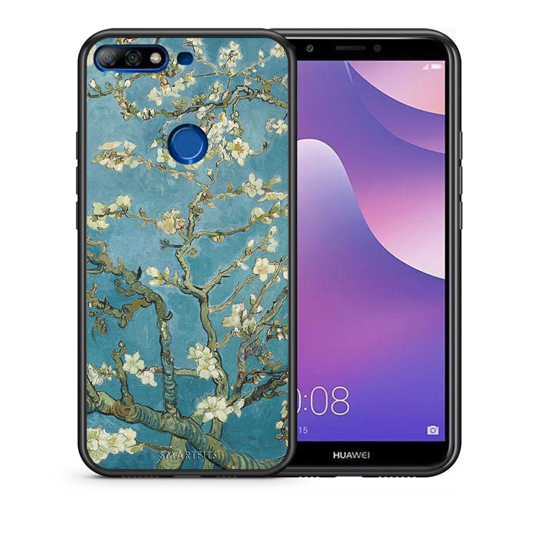 Θήκη Huawei Y7 2018 White Blossoms από τη Smartfits με σχέδιο στο πίσω μέρος και μαύρο περίβλημα | Huawei Y7 2018 White Blossoms case with colorful back and black bezels