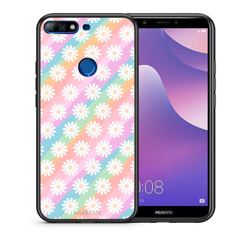 Θήκη Huawei Y7 2018 White Daisies από τη Smartfits με σχέδιο στο πίσω μέρος και μαύρο περίβλημα | Huawei Y7 2018 White Daisies case with colorful back and black bezels