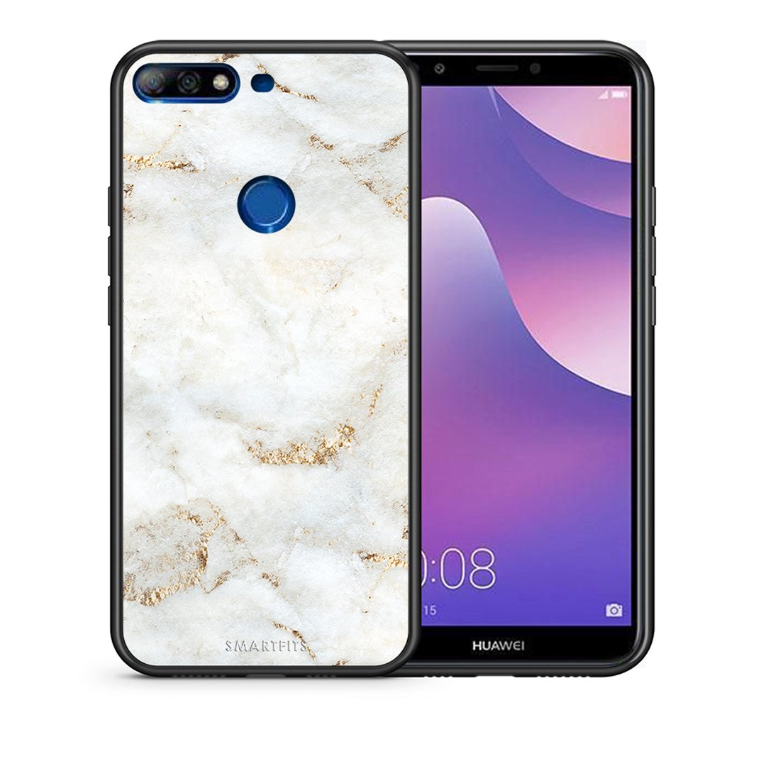 Θήκη Huawei Y7 2018 White Gold Marble από τη Smartfits με σχέδιο στο πίσω μέρος και μαύρο περίβλημα | Huawei Y7 2018 White Gold Marble case with colorful back and black bezels