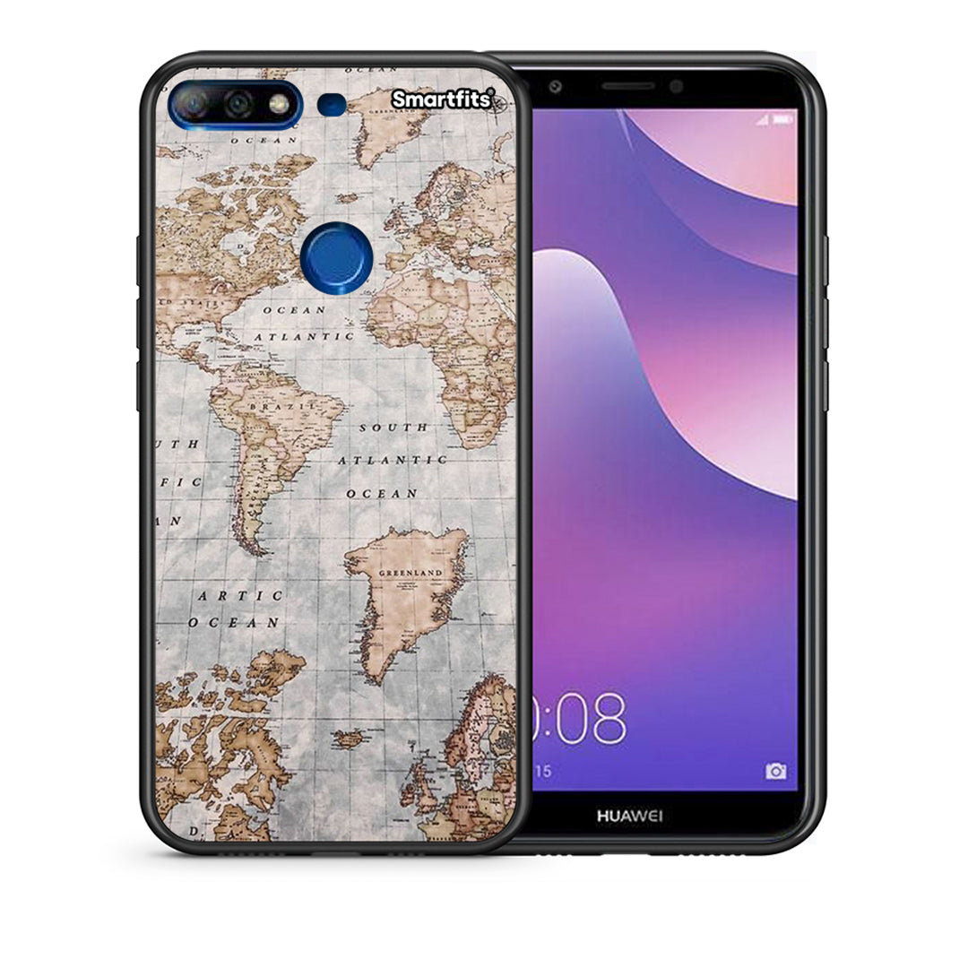 Θήκη Huawei Y7 2018 World Map από τη Smartfits με σχέδιο στο πίσω μέρος και μαύρο περίβλημα | Huawei Y7 2018 World Map case with colorful back and black bezels