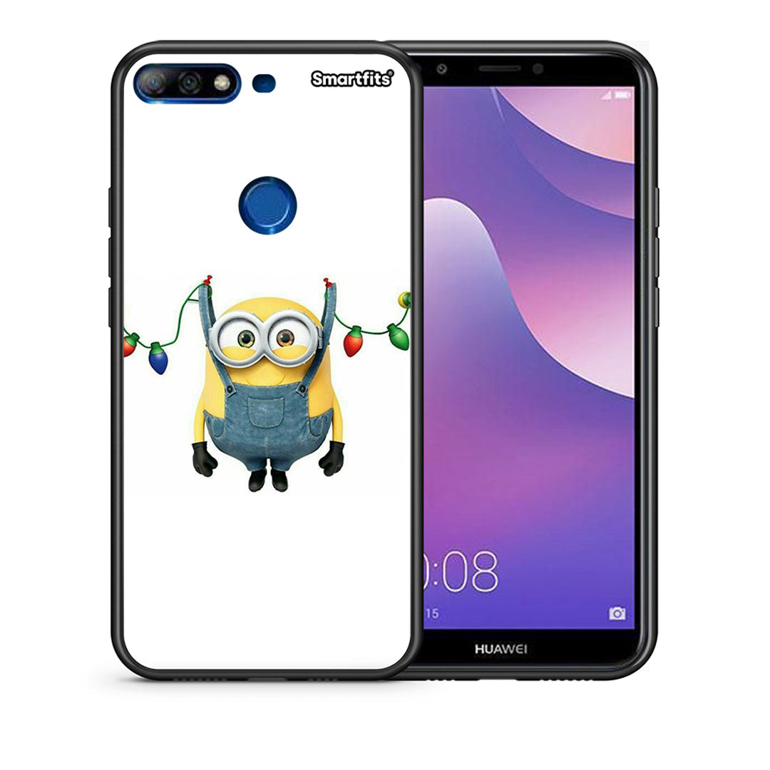 Θήκη Huawei Y7 2018 Xmas Minion Lights από τη Smartfits με σχέδιο στο πίσω μέρος και μαύρο περίβλημα | Huawei Y7 2018 Xmas Minion Lights case with colorful back and black bezels
