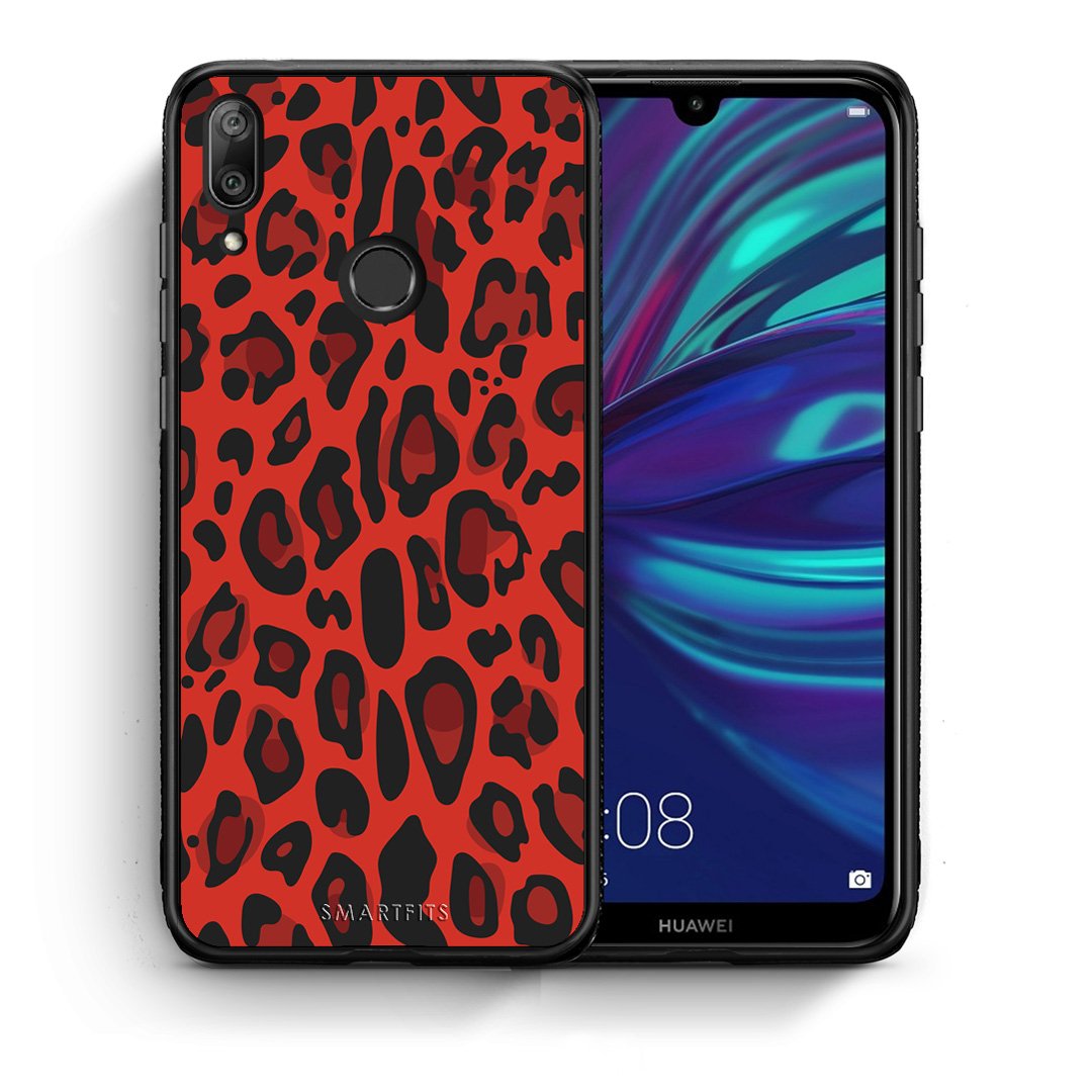 Θήκη Huawei Y7 2019 Red Leopard Animal από τη Smartfits με σχέδιο στο πίσω μέρος και μαύρο περίβλημα | Huawei Y7 2019 Red Leopard Animal case with colorful back and black bezels