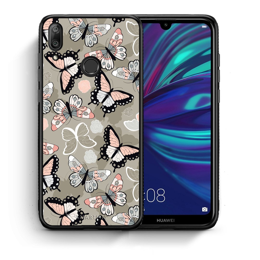 Θήκη Huawei Y7 2019 Butterflies Boho από τη Smartfits με σχέδιο στο πίσω μέρος και μαύρο περίβλημα | Huawei Y7 2019 Butterflies Boho case with colorful back and black bezels