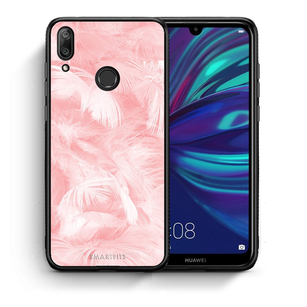 Θήκη Huawei Y7 2019 Pink Feather Boho από τη Smartfits με σχέδιο στο πίσω μέρος και μαύρο περίβλημα | Huawei Y7 2019 Pink Feather Boho case with colorful back and black bezels