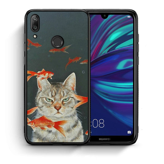Θήκη Huawei Y7 2019 Cat Goldfish από τη Smartfits με σχέδιο στο πίσω μέρος και μαύρο περίβλημα | Huawei Y7 2019 Cat Goldfish case with colorful back and black bezels