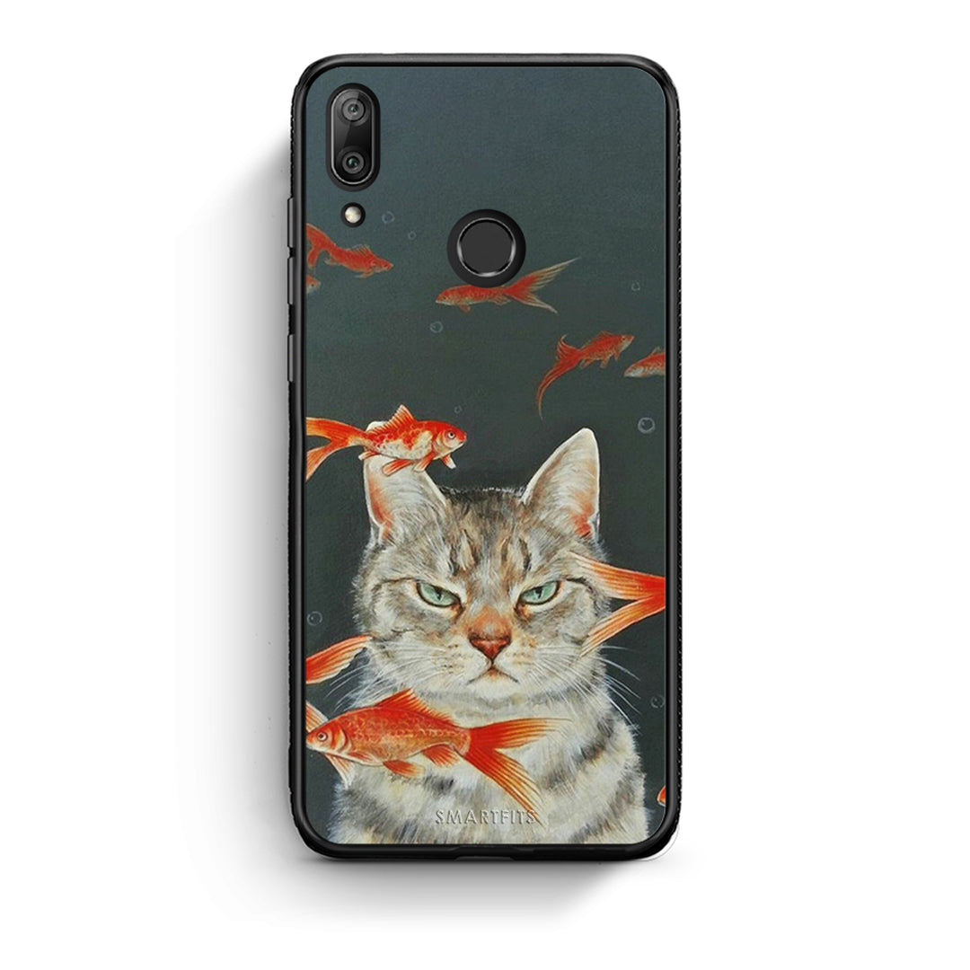Huawei Y7 2019 Cat Goldfish θήκη από τη Smartfits με σχέδιο στο πίσω μέρος και μαύρο περίβλημα | Smartphone case with colorful back and black bezels by Smartfits