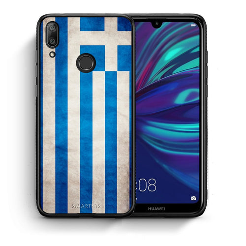 Θήκη Huawei Y7 2019 Greek Flag από τη Smartfits με σχέδιο στο πίσω μέρος και μαύρο περίβλημα | Huawei Y7 2019 Greek Flag case with colorful back and black bezels