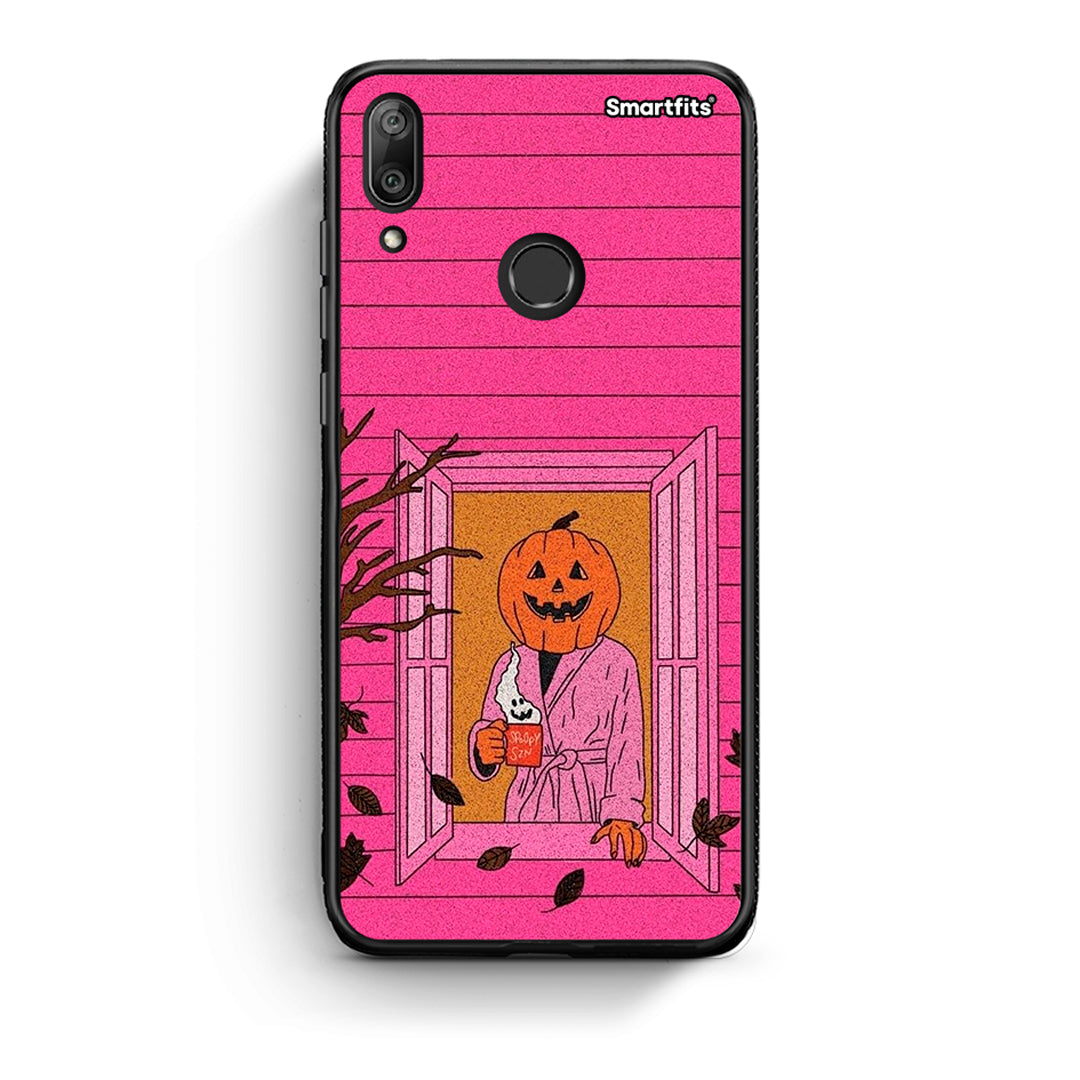Huawei Y7 2019 Halloween Pumpkin Lady Θήκη από τη Smartfits με σχέδιο στο πίσω μέρος και μαύρο περίβλημα | Smartphone case with colorful back and black bezels by Smartfits