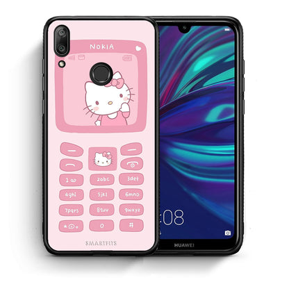Θήκη Αγίου Βαλεντίνου Huawei Y7 2019 Hello Kitten από τη Smartfits με σχέδιο στο πίσω μέρος και μαύρο περίβλημα | Huawei Y7 2019 Hello Kitten case with colorful back and black bezels