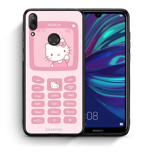 Θήκη Αγίου Βαλεντίνου Huawei Y7 2019 Hello Kitten από τη Smartfits με σχέδιο στο πίσω μέρος και μαύρο περίβλημα | Huawei Y7 2019 Hello Kitten case with colorful back and black bezels
