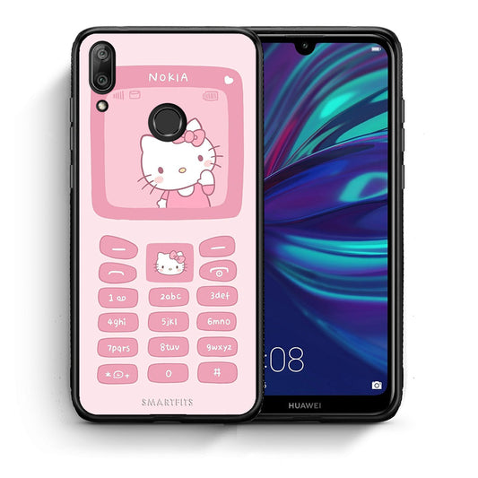 Θήκη Αγίου Βαλεντίνου Huawei Y7 2019 Hello Kitten από τη Smartfits με σχέδιο στο πίσω μέρος και μαύρο περίβλημα | Huawei Y7 2019 Hello Kitten case with colorful back and black bezels
