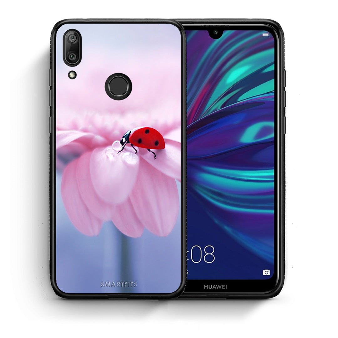 Θήκη Huawei Y7 2019 Ladybug Flower από τη Smartfits με σχέδιο στο πίσω μέρος και μαύρο περίβλημα | Huawei Y7 2019 Ladybug Flower case with colorful back and black bezels