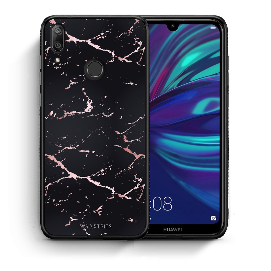 Θήκη Huawei Y7 2019 Black Rosegold Marble από τη Smartfits με σχέδιο στο πίσω μέρος και μαύρο περίβλημα | Huawei Y7 2019 Black Rosegold Marble case with colorful back and black bezels