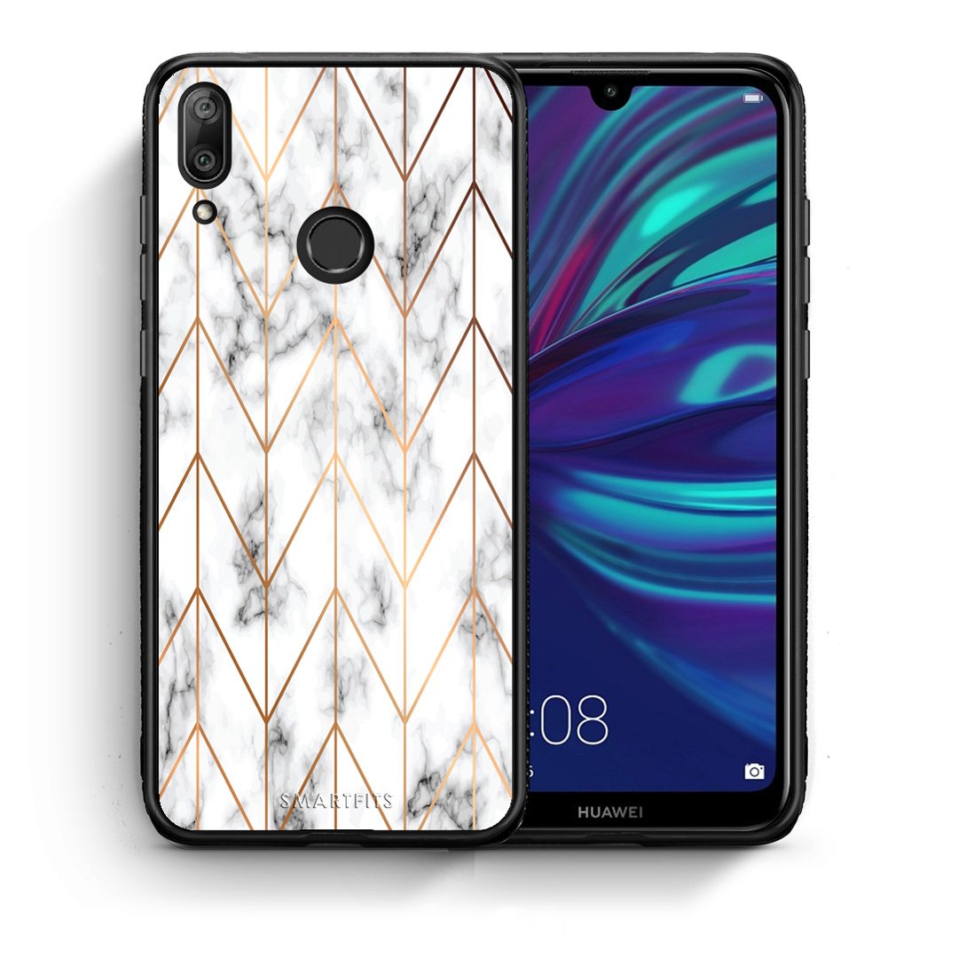 Θήκη Huawei Y7 2019 Gold Geometric Marble από τη Smartfits με σχέδιο στο πίσω μέρος και μαύρο περίβλημα | Huawei Y7 2019 Gold Geometric Marble case with colorful back and black bezels