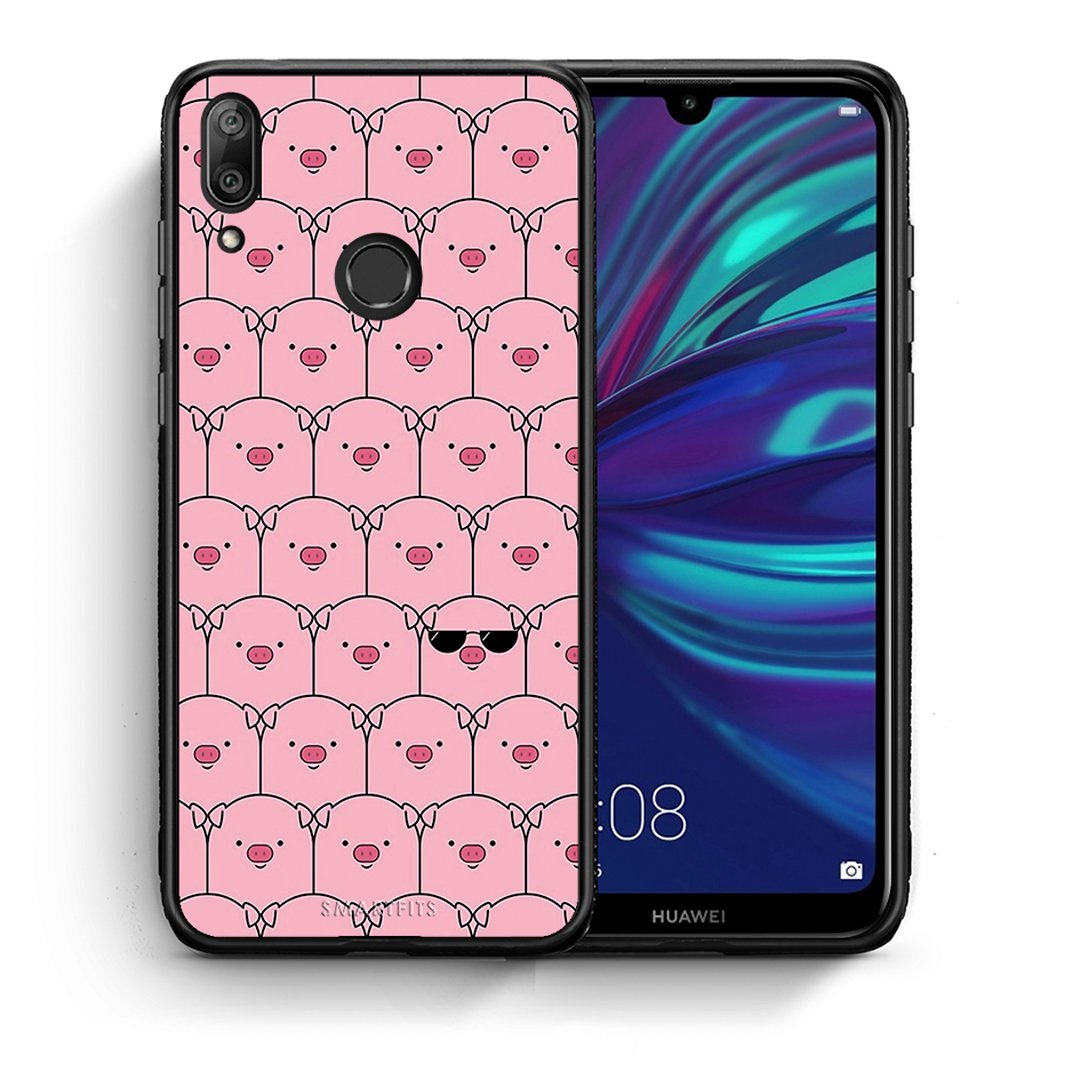 Θήκη Huawei Y7 2019 Pig Glasses από τη Smartfits με σχέδιο στο πίσω μέρος και μαύρο περίβλημα | Huawei Y7 2019 Pig Glasses case with colorful back and black bezels