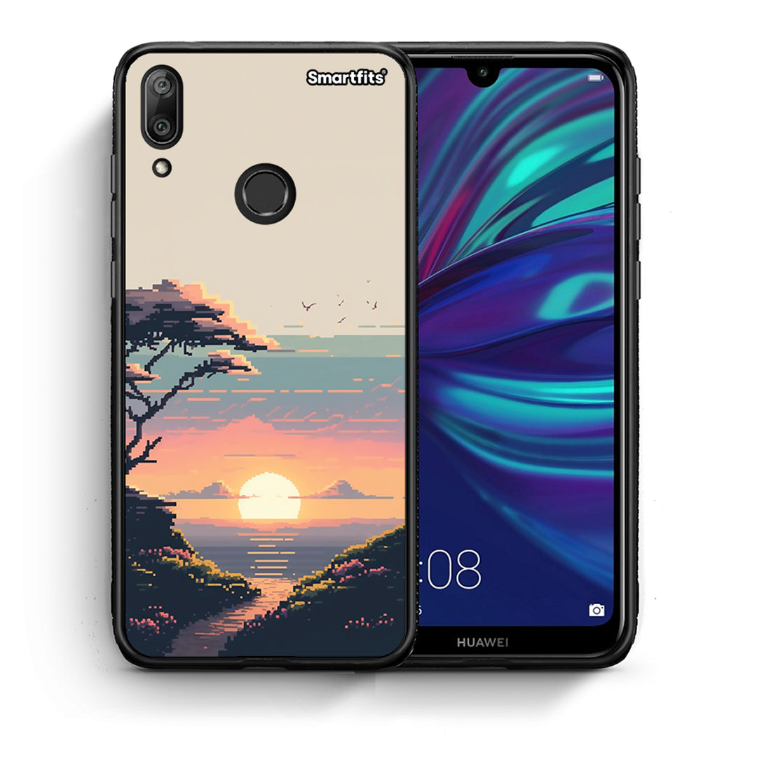 Θήκη Huawei Y7 2019 Pixel Sunset από τη Smartfits με σχέδιο στο πίσω μέρος και μαύρο περίβλημα | Huawei Y7 2019 Pixel Sunset case with colorful back and black bezels