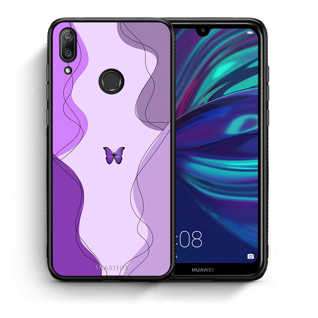 Θήκη Αγίου Βαλεντίνου Huawei Y7 2019 Purple Mariposa από τη Smartfits με σχέδιο στο πίσω μέρος και μαύρο περίβλημα | Huawei Y7 2019 Purple Mariposa case with colorful back and black bezels