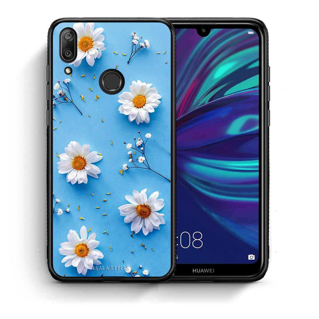 Θήκη Huawei Y7 2019 Real Daisies από τη Smartfits με σχέδιο στο πίσω μέρος και μαύρο περίβλημα | Huawei Y7 2019 Real Daisies case with colorful back and black bezels