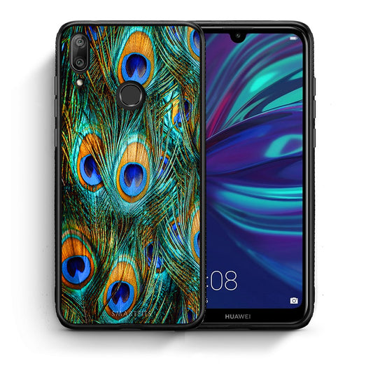 Θήκη Huawei Y7 2019 Real Peacock Feathers από τη Smartfits με σχέδιο στο πίσω μέρος και μαύρο περίβλημα | Huawei Y7 2019 Real Peacock Feathers case with colorful back and black bezels