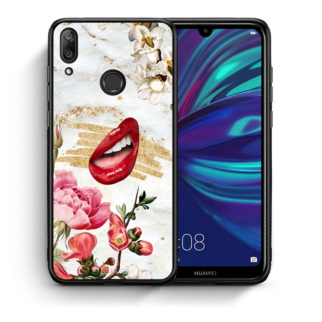 Θήκη Huawei Y7 2019 Red Lips από τη Smartfits με σχέδιο στο πίσω μέρος και μαύρο περίβλημα | Huawei Y7 2019 Red Lips case with colorful back and black bezels