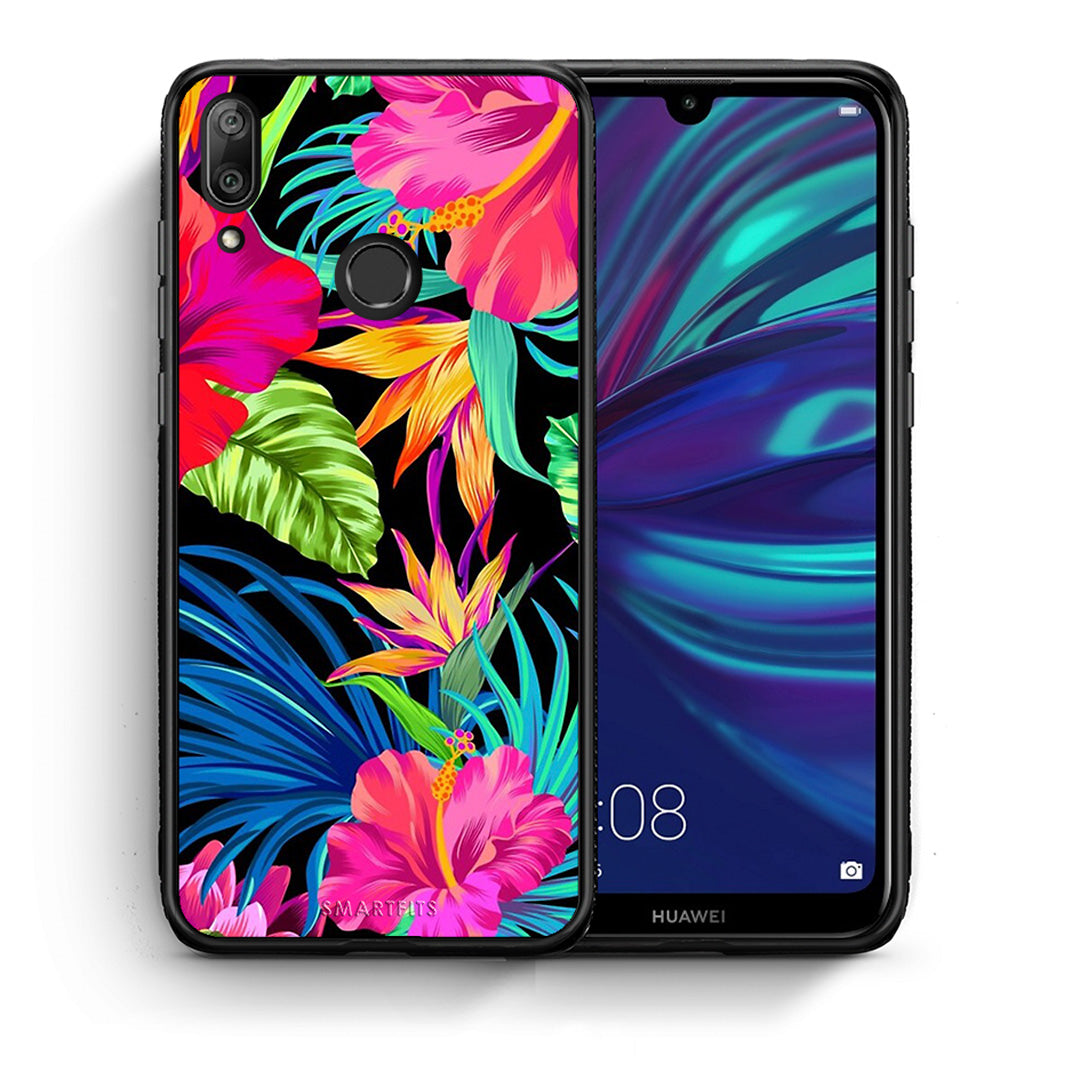 Θήκη Huawei Y7 2019 Tropical Flowers από τη Smartfits με σχέδιο στο πίσω μέρος και μαύρο περίβλημα | Huawei Y7 2019 Tropical Flowers case with colorful back and black bezels