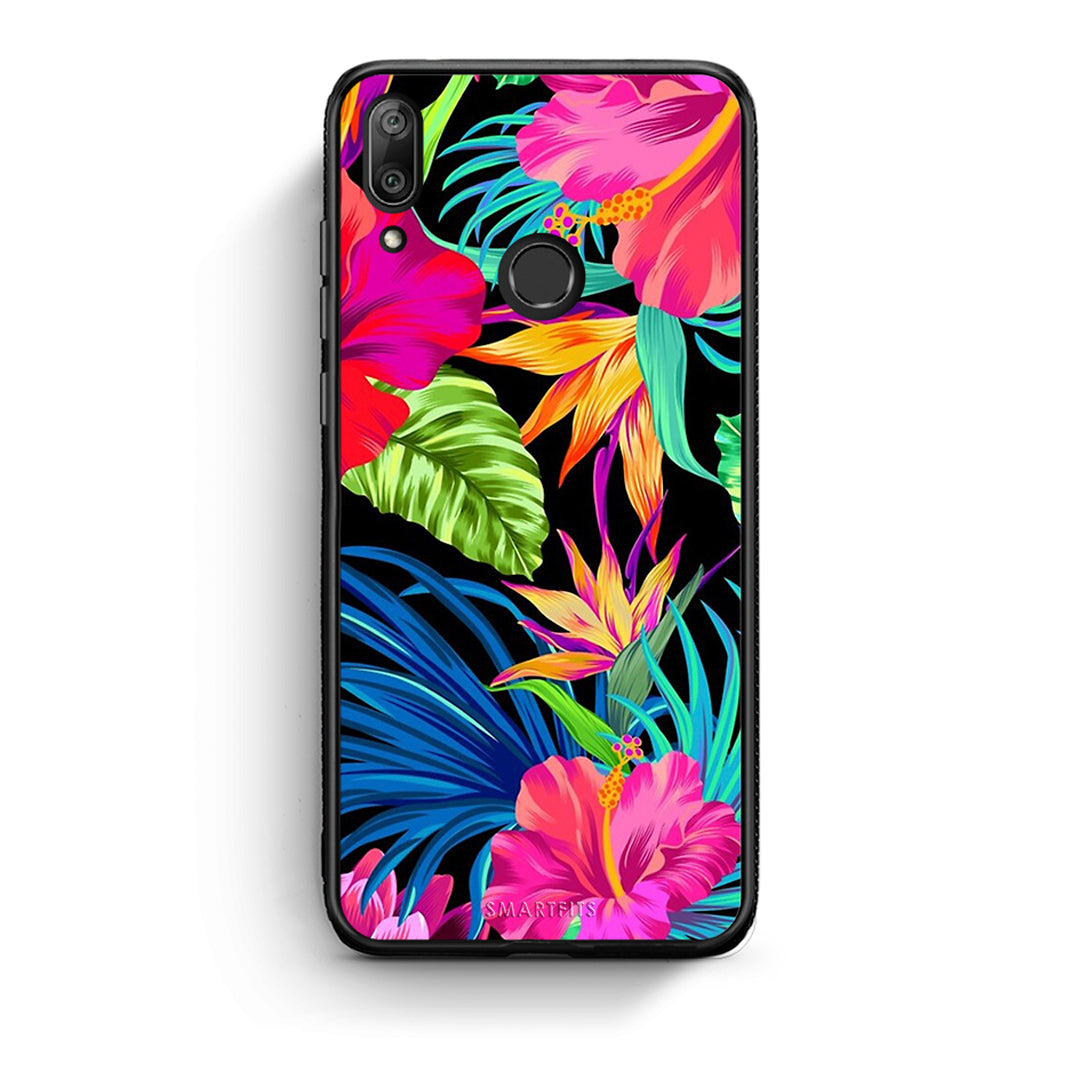 Huawei Y7 2019 Tropical Flowers θήκη από τη Smartfits με σχέδιο στο πίσω μέρος και μαύρο περίβλημα | Smartphone case with colorful back and black bezels by Smartfits