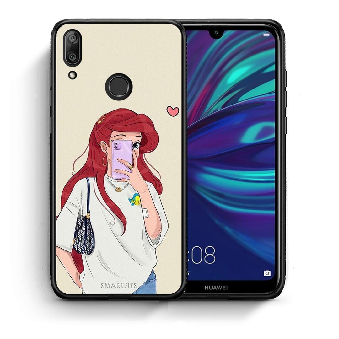 Θήκη Huawei Y7 2019 Walking Mermaid από τη Smartfits με σχέδιο στο πίσω μέρος και μαύρο περίβλημα | Huawei Y7 2019 Walking Mermaid case with colorful back and black bezels