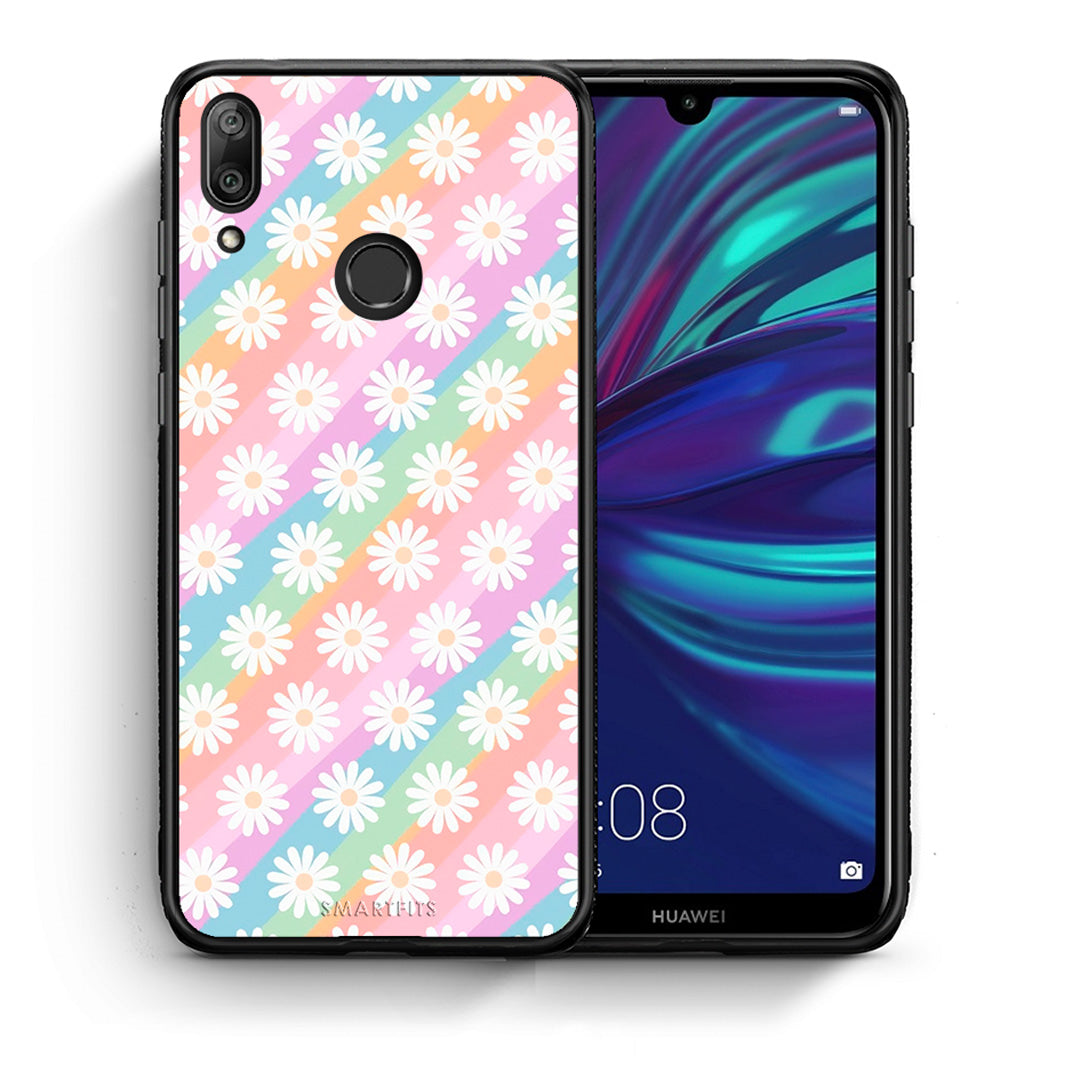 Θήκη Huawei Y7 2019 White Daisies από τη Smartfits με σχέδιο στο πίσω μέρος και μαύρο περίβλημα | Huawei Y7 2019 White Daisies case with colorful back and black bezels