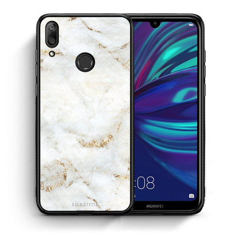 Θήκη Huawei Y7 2019 White Gold Marble από τη Smartfits με σχέδιο στο πίσω μέρος και μαύρο περίβλημα | Huawei Y7 2019 White Gold Marble case with colorful back and black bezels