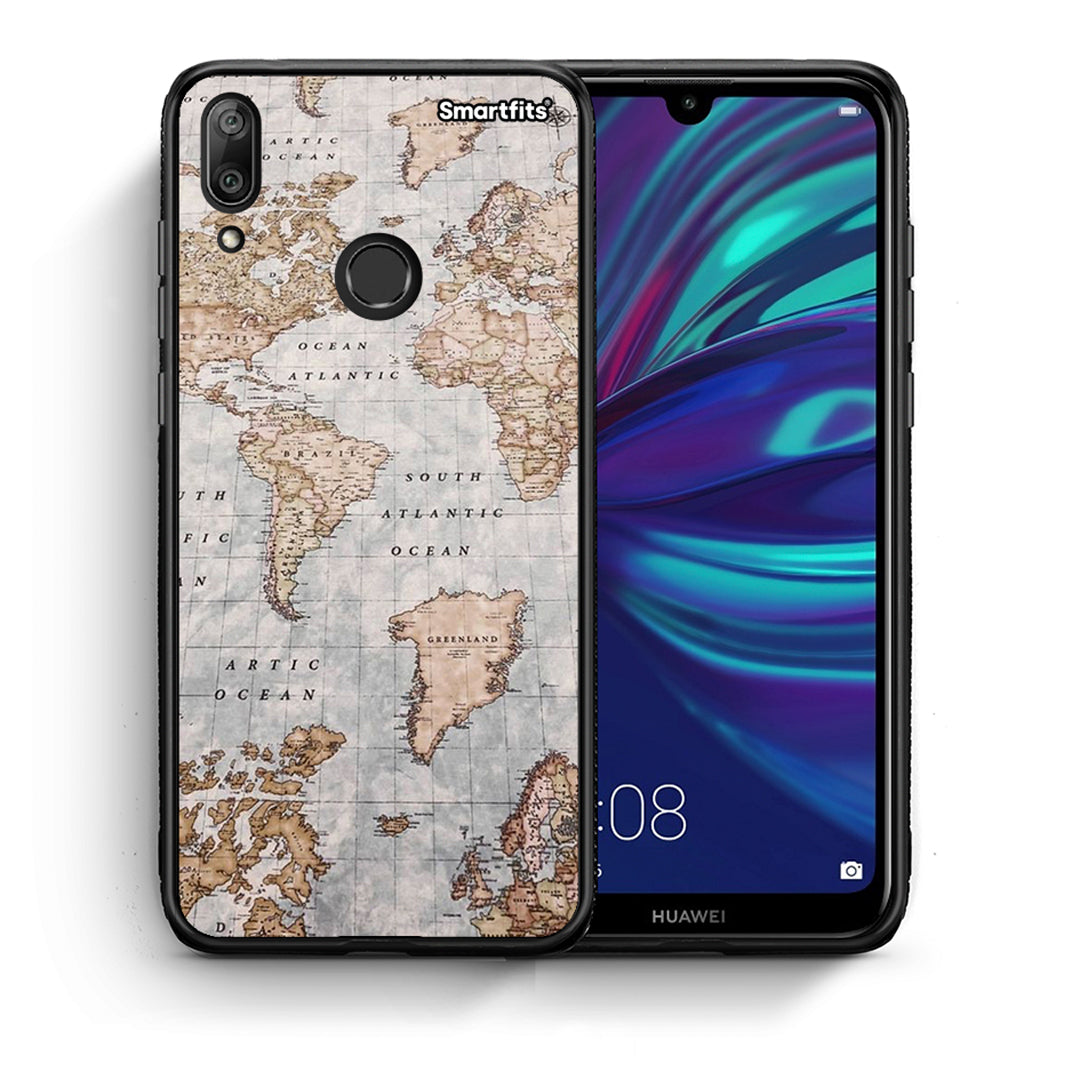 Θήκη Huawei Y7 2019 World Map από τη Smartfits με σχέδιο στο πίσω μέρος και μαύρο περίβλημα | Huawei Y7 2019 World Map case with colorful back and black bezels