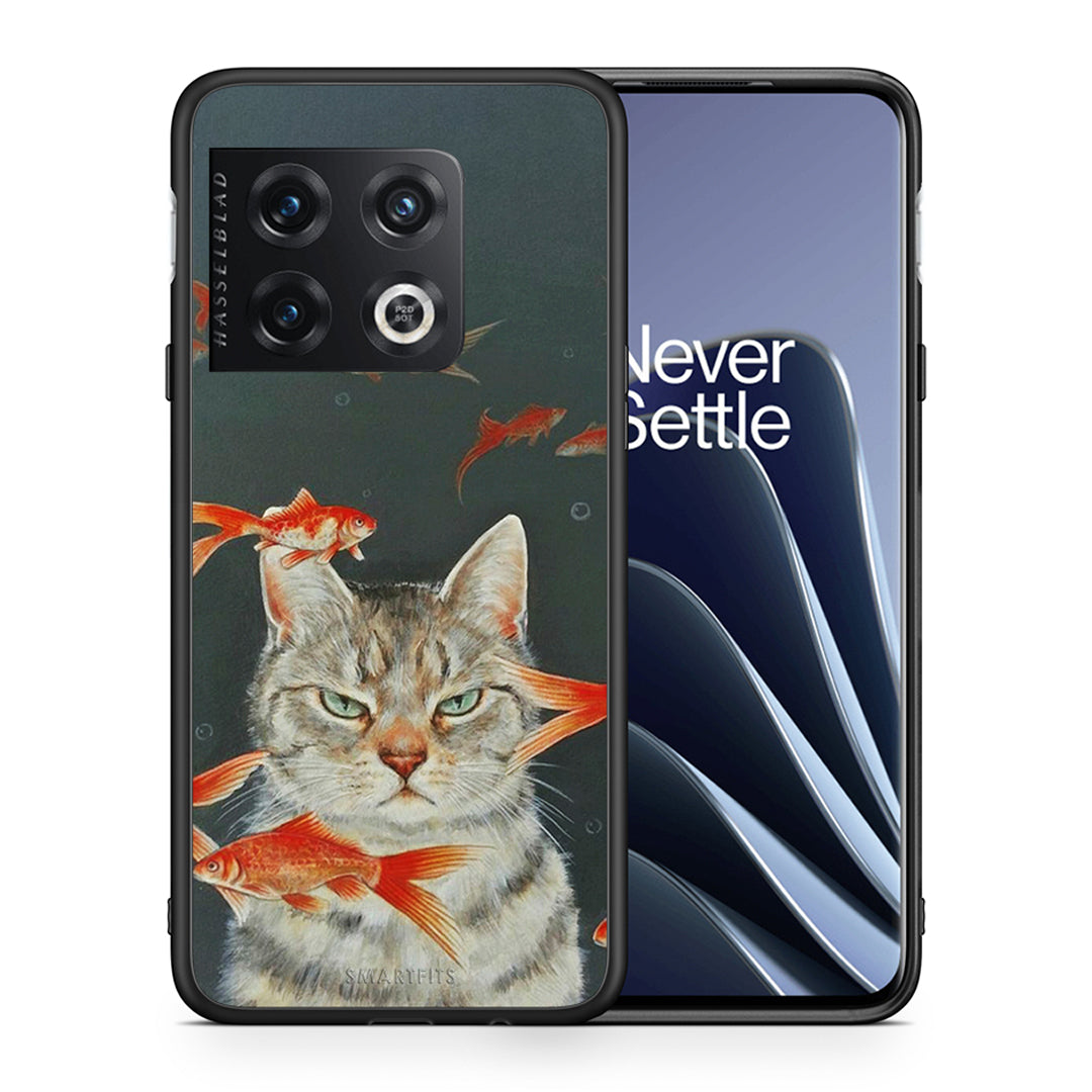 Θήκη OnePlus 10 Pro Cat Goldfish από τη Smartfits με σχέδιο στο πίσω μέρος και μαύρο περίβλημα | OnePlus 10 Pro Cat Goldfish case with colorful back and black bezels