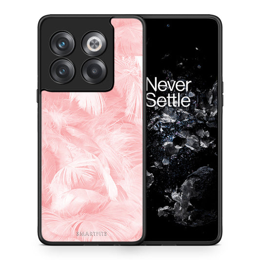 Θήκη OnePlus 10T Pink Feather Boho από τη Smartfits με σχέδιο στο πίσω μέρος και μαύρο περίβλημα | OnePlus 10T Pink Feather Boho case with colorful back and black bezels