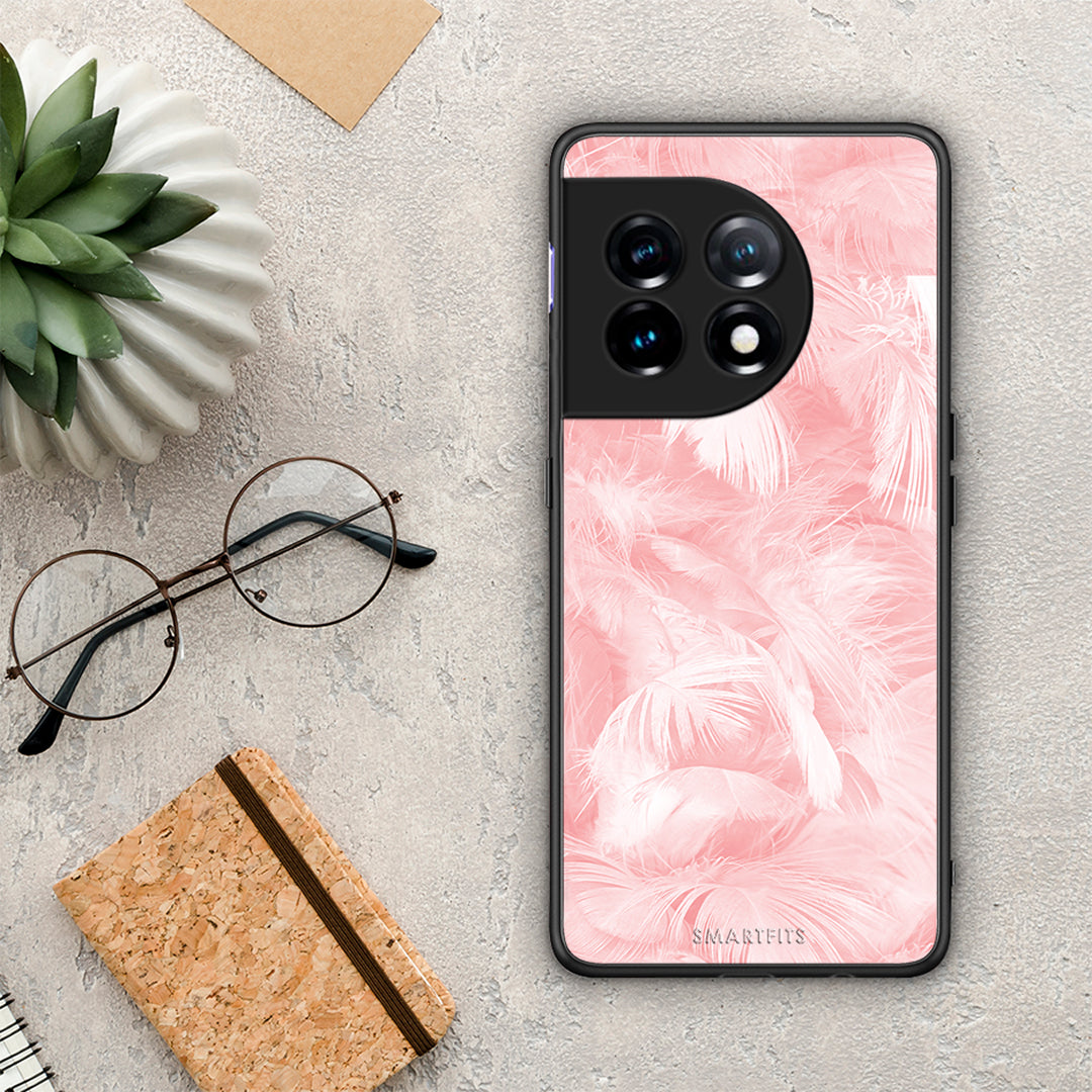 Θήκη OnePlus 11 5G Boho Pink Feather από τη Smartfits με σχέδιο στο πίσω μέρος και μαύρο περίβλημα | OnePlus 11 5G Boho Pink Feather Case with Colorful Back and Black Bezels