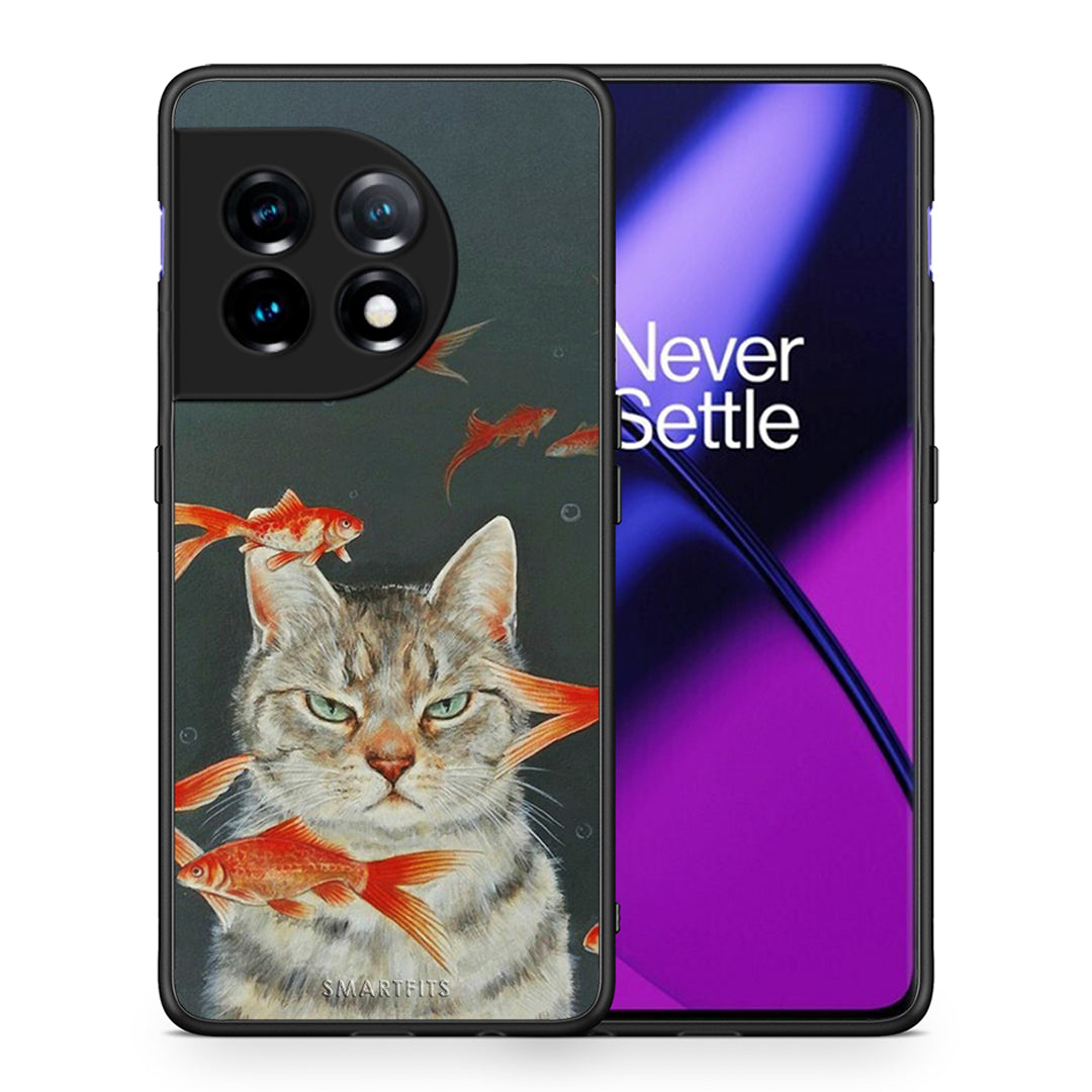 Θήκη OnePlus 11R / ACE 2 5G Cat Goldfish από τη Smartfits με σχέδιο στο πίσω μέρος και μαύρο περίβλημα | OnePlus 11R / ACE 2 5G Cat Goldfish Case with Colorful Back and Black Bezels