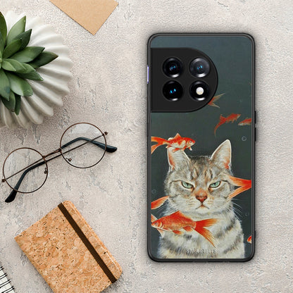 Θήκη OnePlus 11 5G Cat Goldfish από τη Smartfits με σχέδιο στο πίσω μέρος και μαύρο περίβλημα | OnePlus 11 5G Cat Goldfish Case with Colorful Back and Black Bezels