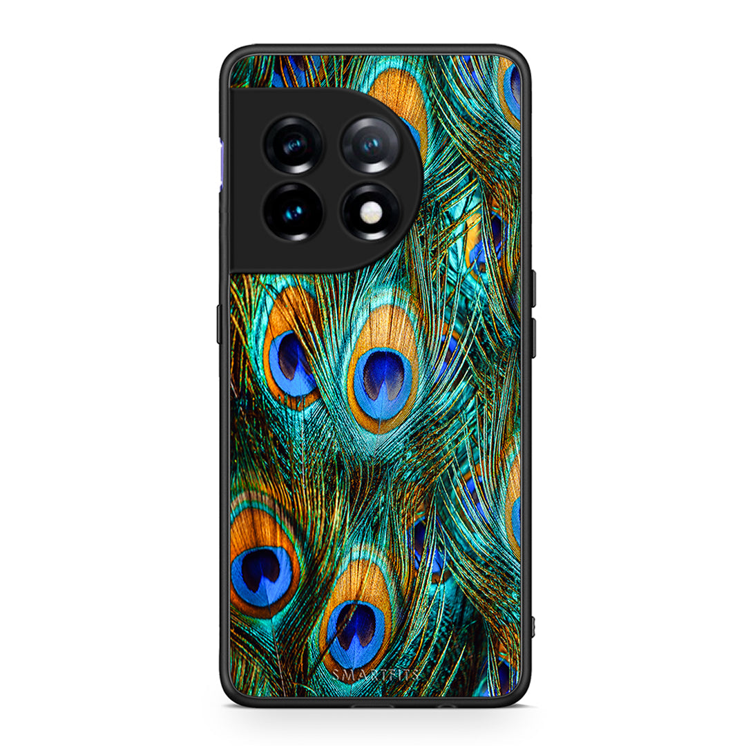 Θήκη OnePlus 11 5G Real Peacock Feathers από τη Smartfits με σχέδιο στο πίσω μέρος και μαύρο περίβλημα | OnePlus 11 5G Real Peacock Feathers Case with Colorful Back and Black Bezels