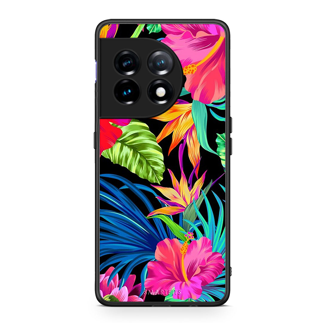 Θήκη OnePlus 11 5G Tropical Flowers από τη Smartfits με σχέδιο στο πίσω μέρος και μαύρο περίβλημα | OnePlus 11 5G Tropical Flowers Case with Colorful Back and Black Bezels