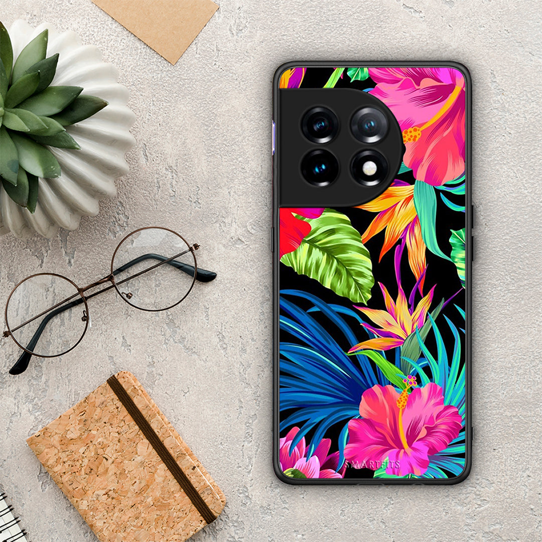 Θήκη OnePlus 11 5G Tropical Flowers από τη Smartfits με σχέδιο στο πίσω μέρος και μαύρο περίβλημα | OnePlus 11 5G Tropical Flowers Case with Colorful Back and Black Bezels