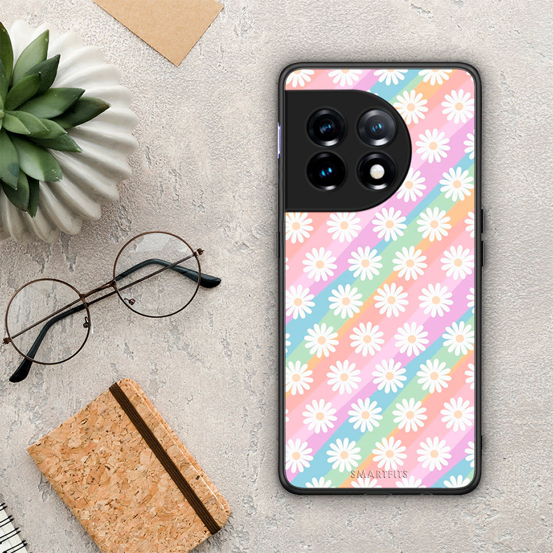 Θήκη OnePlus 11 5G White Daisies από τη Smartfits με σχέδιο στο πίσω μέρος και μαύρο περίβλημα | OnePlus 11 5G White Daisies Case with Colorful Back and Black Bezels