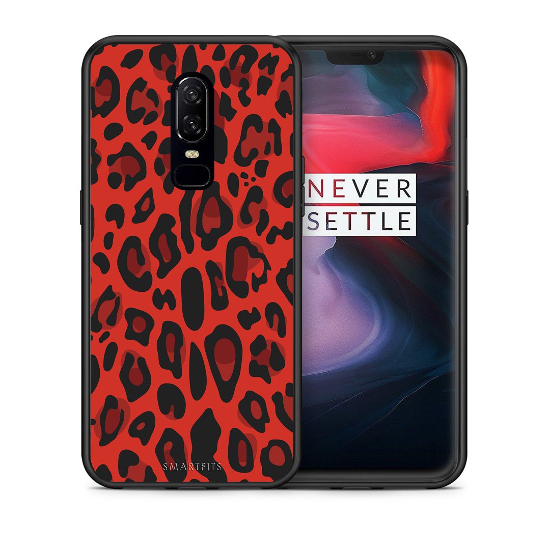 Θήκη OnePlus 6 Red Leopard Animal από τη Smartfits με σχέδιο στο πίσω μέρος και μαύρο περίβλημα | OnePlus 6 Red Leopard Animal case with colorful back and black bezels
