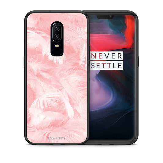 Θήκη OnePlus 6 Pink Feather Boho από τη Smartfits με σχέδιο στο πίσω μέρος και μαύρο περίβλημα | OnePlus 6 Pink Feather Boho case with colorful back and black bezels